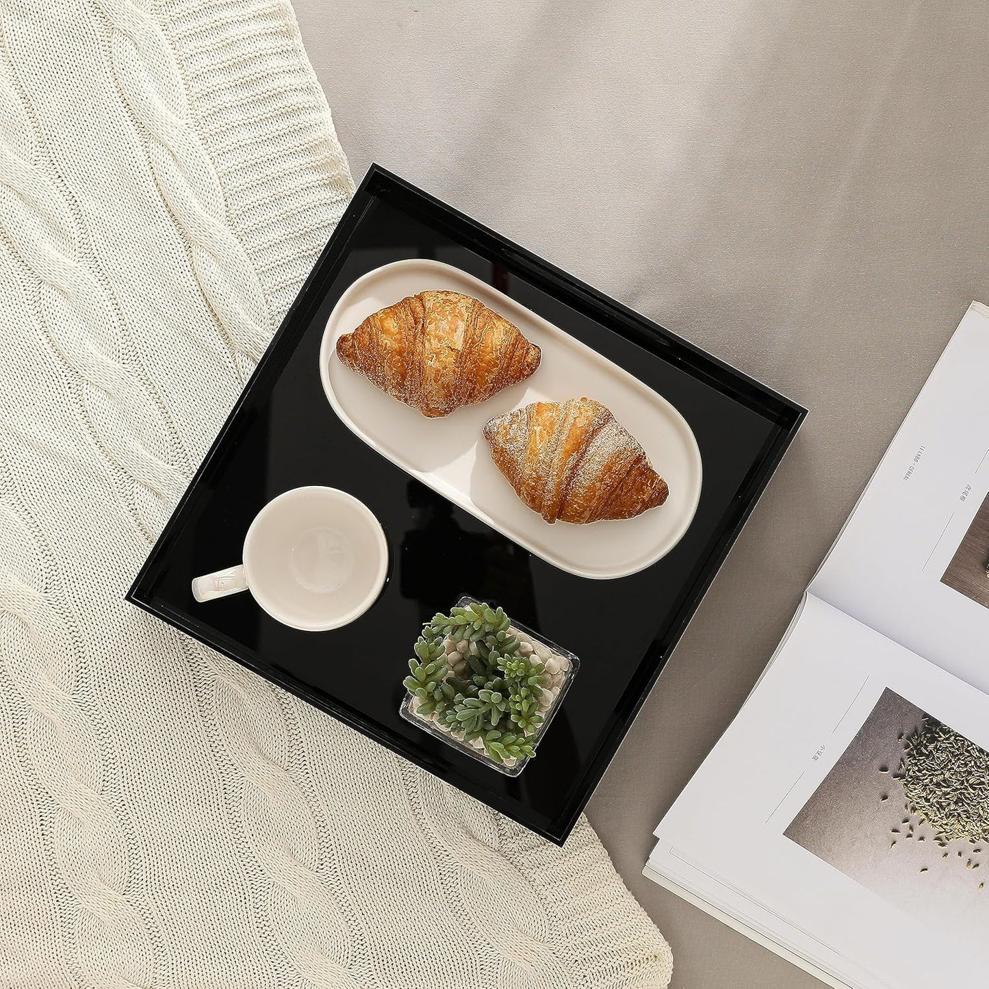 Glossy Black Sturdy Acrylic Serving Tray with Handles-12x12 Inch-Serving Coffee,Appetizer,Breakfast,Butler-Kitchen Countertop Tray-Makeup Drawer Organizer-Vanity Table,Ottoman Tray-Decorative